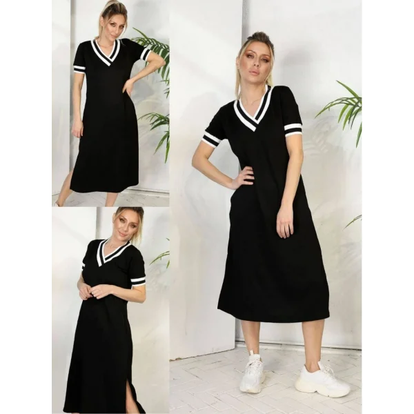 Kadın V Yaka Ribana Detay Midiboy Elbise