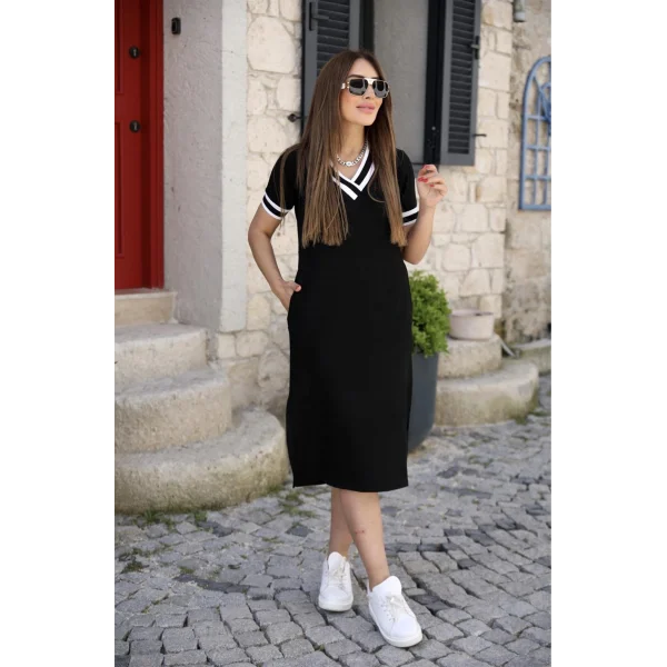 Kadın V Yaka Ribana Detay Midiboy Elbise