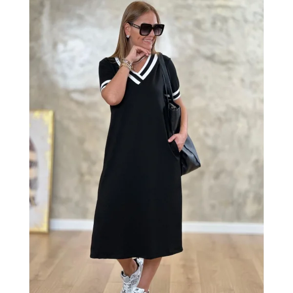 Kadın V Yaka Ribana Detay Midiboy Elbise