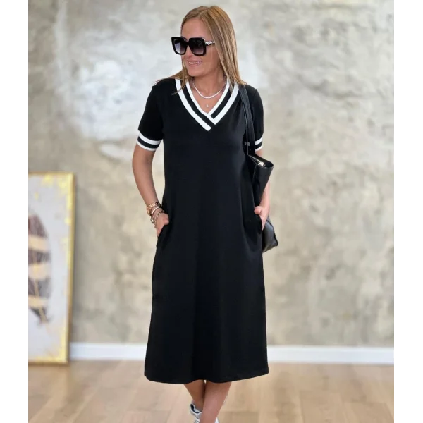 Kadın V Yaka Ribana Detay Midiboy Elbise
