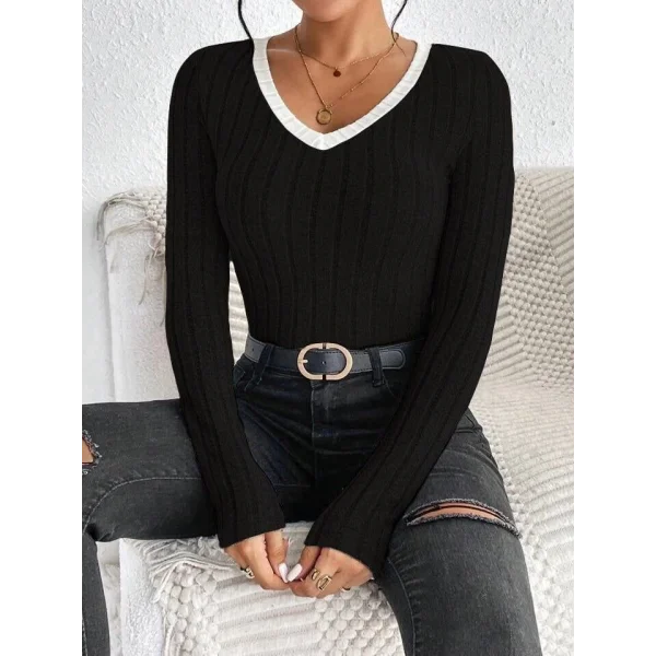 Kadın V Yaka Ribana Ve Garni Detay Sardonlu Kaşkorse Kumaş Bluz