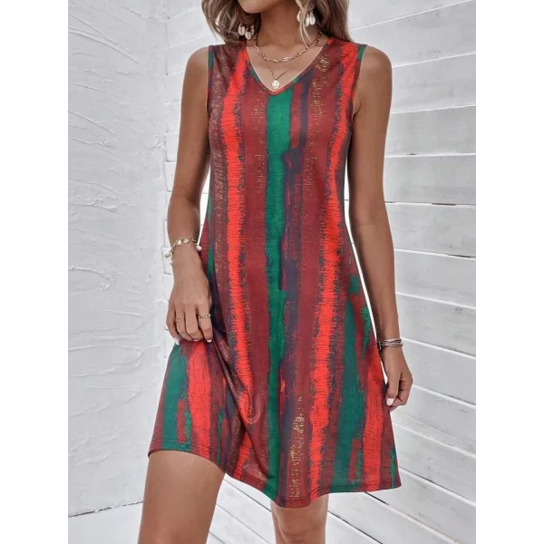 Kadın V Yaka Sıfır Kol Desenli Süprem Elbise