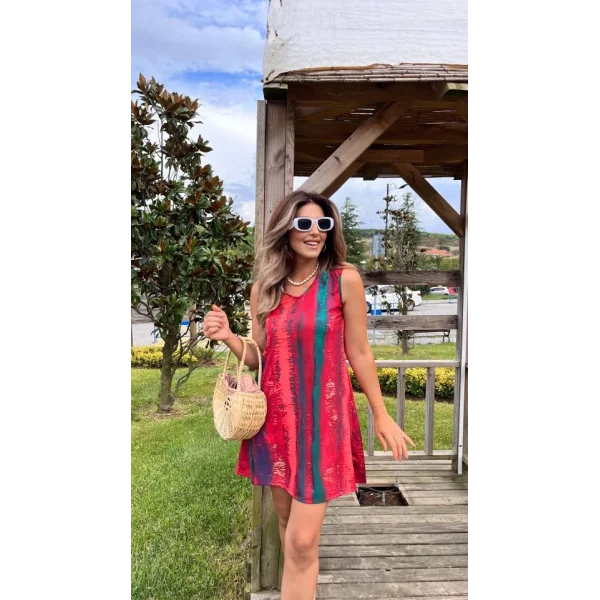 Kadın V Yaka Sıfır Kol Desenli Süprem Elbise