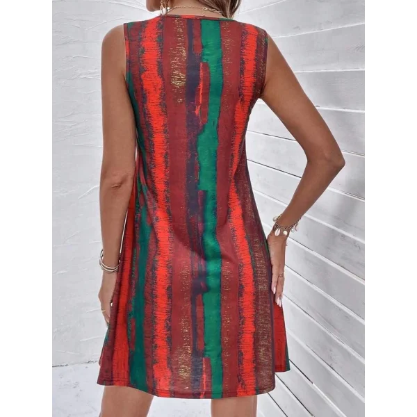 Kadın V Yaka Sıfır Kol Desenli Süprem Elbise