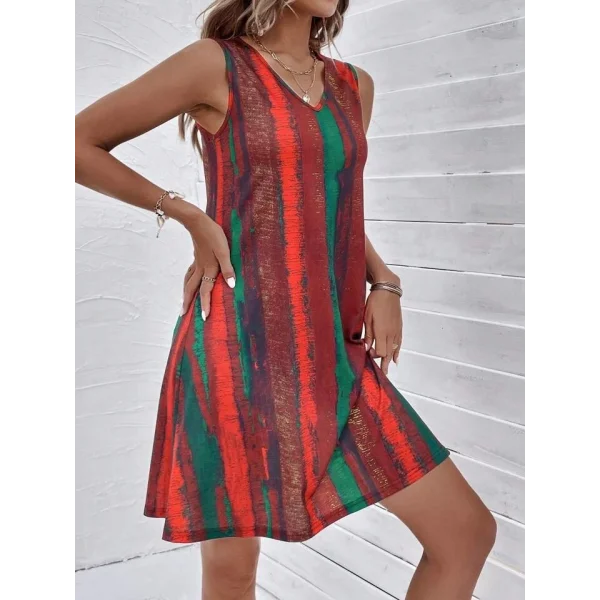 Kadın V Yaka Sıfır Kol Desenli Süprem Elbise