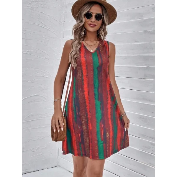 Kadın V Yaka Sıfır Kol Desenli Süprem Elbise