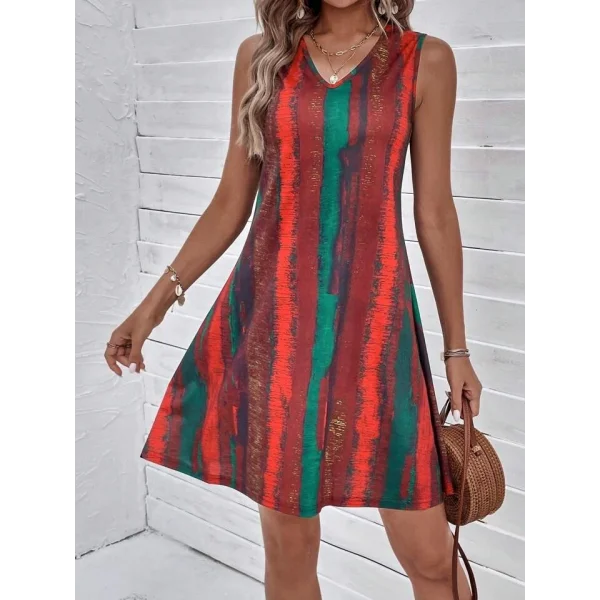 Kadın V Yaka Sıfır Kol Desenli Süprem Elbise