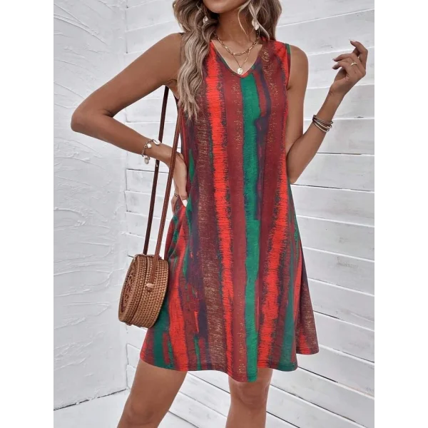 Kadın V Yaka Sıfır Kol Desenli Süprem Elbise