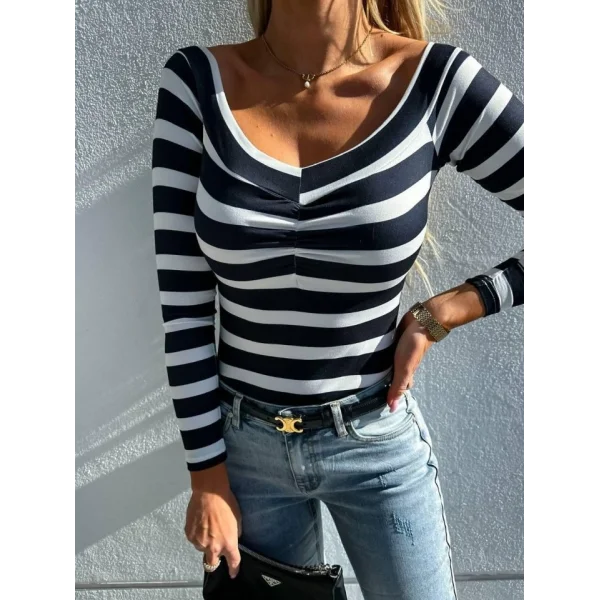 Kadın V Yaka Süprem Kumaş Çizgi Desenli Bluz
