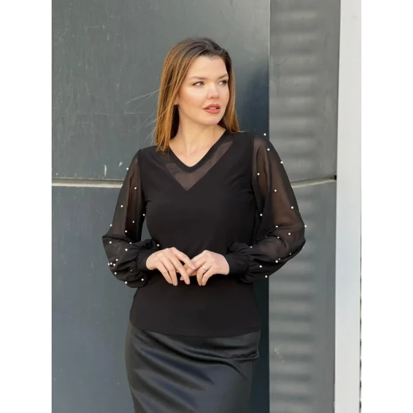 Kadın V Yaka Transparan Ve Kolları İnci Detay Bluz