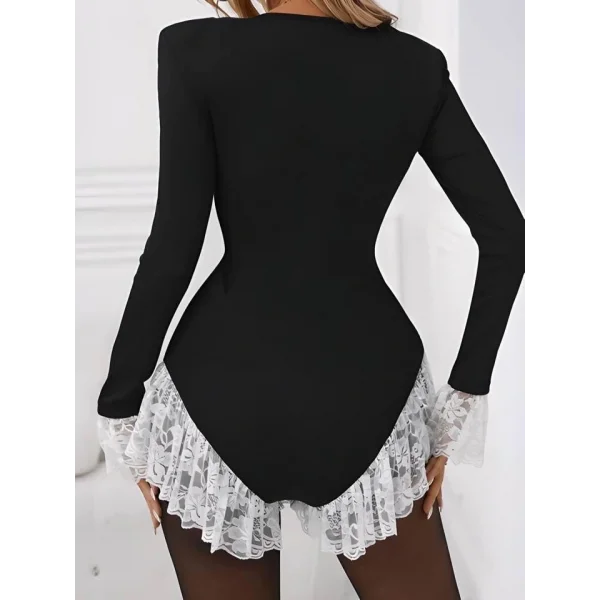 Kadın V Yaka Uzun Kollu Gizli Fermuar Dekolte Ve Dantel Volan Detay Mini şort Tulum