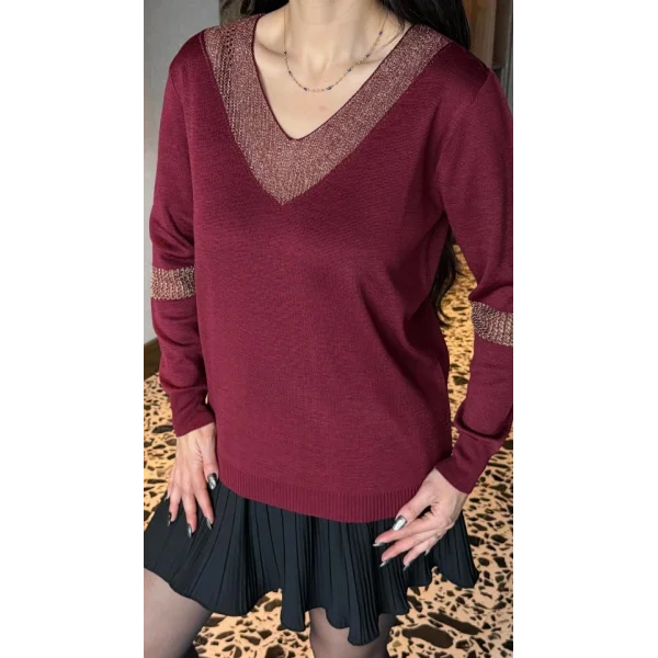 Kadın V Yaka Uzun Kollu Gold Işleme Detay Bluz