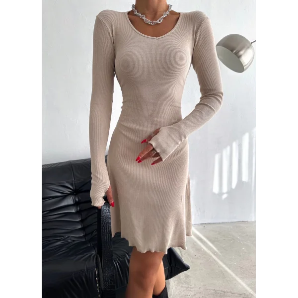 Kadın V Yaka Uzun Kollu ırtı Ayarlanabilir Kopça Detay Kaşkorse Mini Elbise