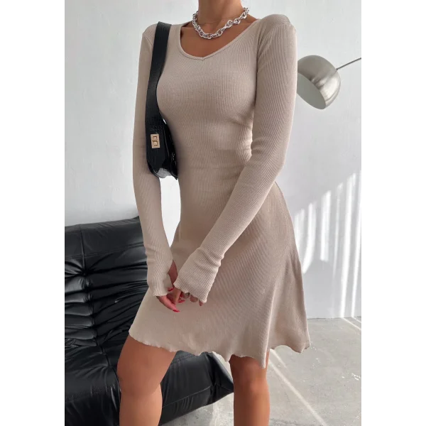 Kadın V Yaka Uzun Kollu ırtı Ayarlanabilir Kopça Detay Kaşkorse Mini Elbise