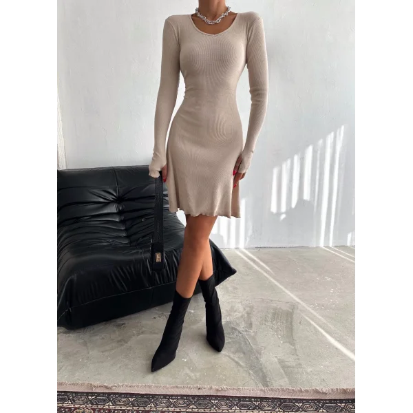 Kadın V Yaka Uzun Kollu ırtı Ayarlanabilir Kopça Detay Kaşkorse Mini Elbise