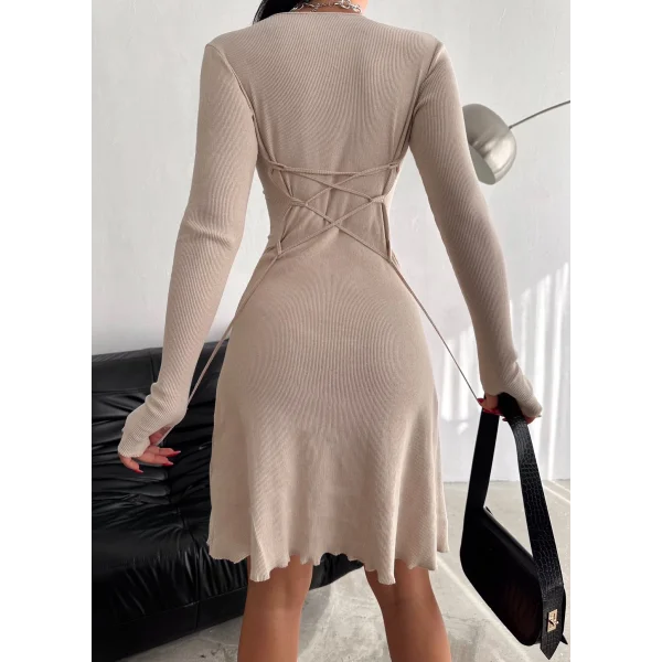 Kadın V Yaka Uzun Kollu ırtı Ayarlanabilir Kopça Detay Kaşkorse Mini Elbise