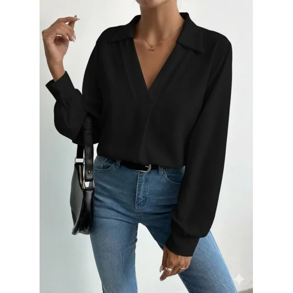 Kadın V Yaka Uzun Kollu Mosskrep Kumaş Bluz