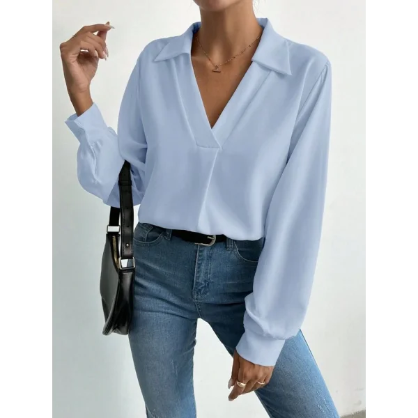 Kadın V Yaka Uzun Kollu Mosskrep Kumaş Bluz