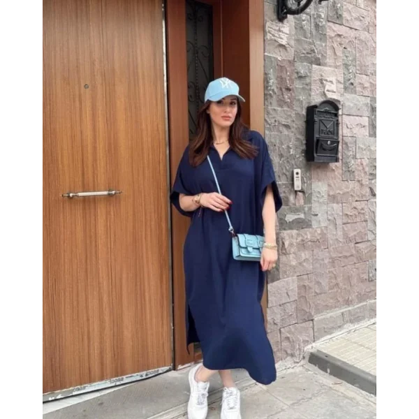 Kadın V Yaka Yarasa Kol Salaş Maxi Boy Elbise