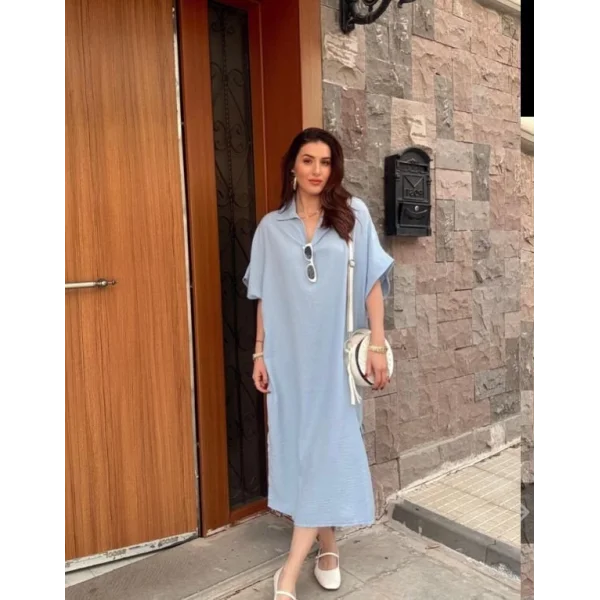 Kadın V Yaka Yarasa Kol Salaş Maxi Boy Elbise