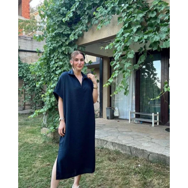 Kadın V Yaka Yarasa Kol Salaş Maxi Boy Elbise