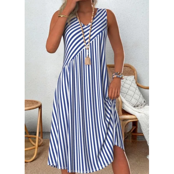 Kadın V Yakalı Askılı çizgili Midi örme Viskon Elbise