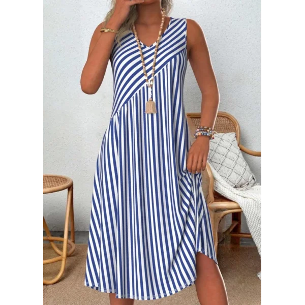 Kadın V Yakalı Askılı çizgili Midi örme Viskon Elbise