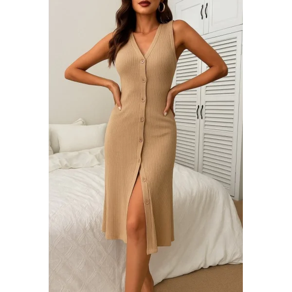 Kadın V Yakalı önden Düğmeli Kaşkorse Elbise