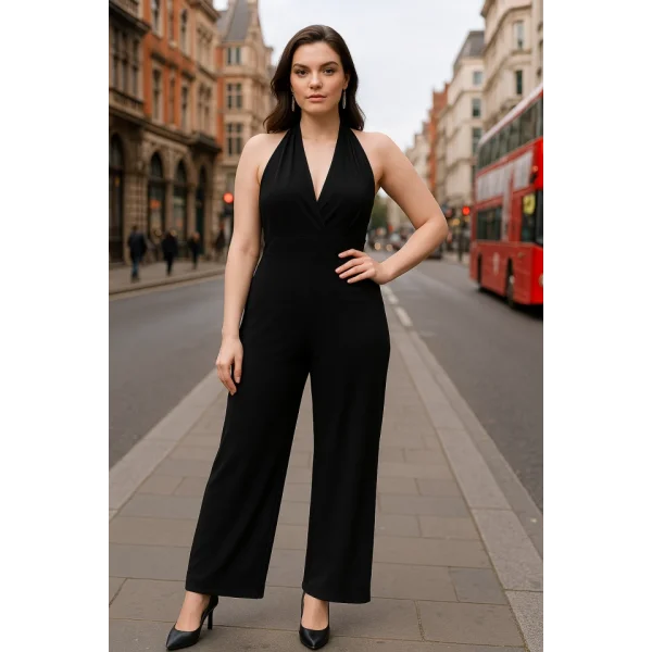 Kadın V YakaSırt Dekolteli Geniş Paça Sandy Kumaş Fırsat Ürün Tulum