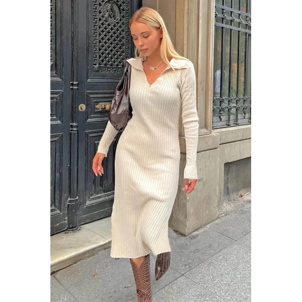 Kadın V Yakauzun Kollu Midiboy Triko Elbise