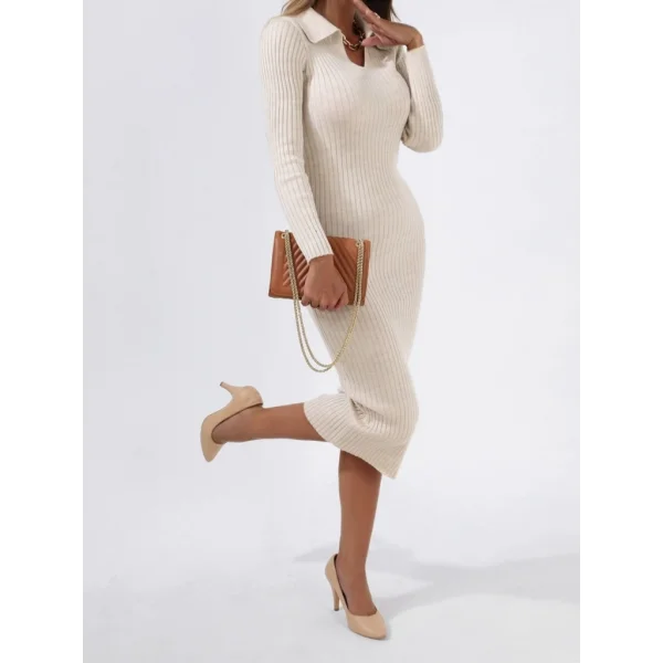 Kadın V Yakauzun Kollu Midiboy Triko Elbise