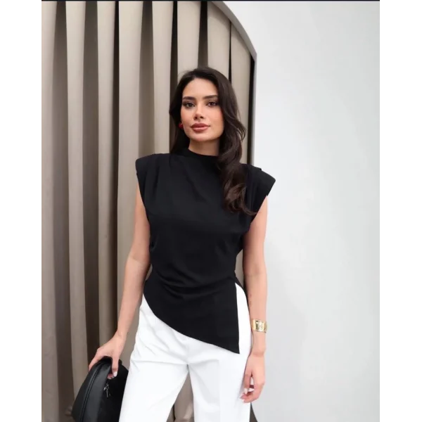 Kadın Vatkalı Asimetrik Kesim Dökümlü Scuba Kumaş Şık Bluz