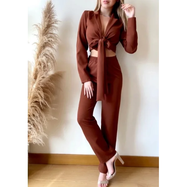 Kadın Vatkalı Bağlamalı Bluz Pantolon Alt Ikili Takım