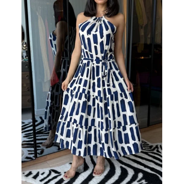 Kadın Viskon Kumaş Ip Askılı Halter Yaka Cepli Midi Boy Elbise