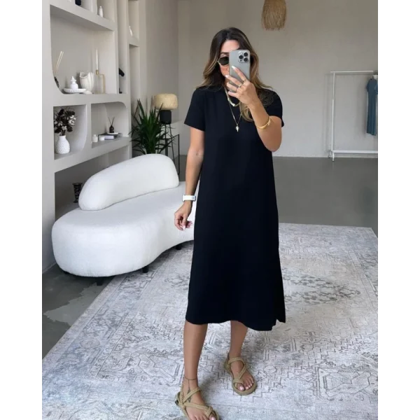 Kadın Viskon Kumaş Kısa Kollu çift Yırtmaç Detaylı Salaş Elbise