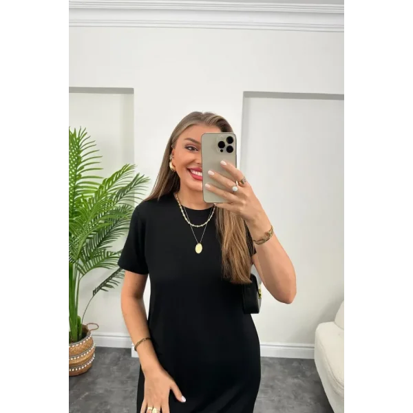 Kadın Viskon Kumaş Kısa Kollu çift Yırtmaç Detaylı Salaş Elbise