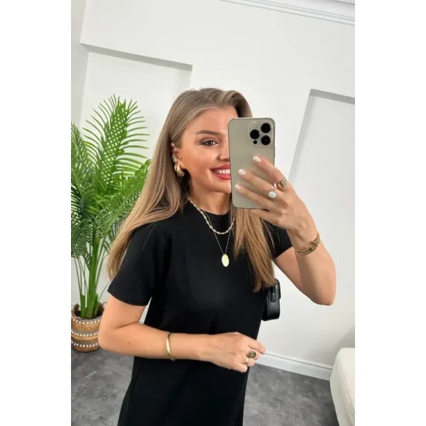 Kadın Viskon Kumaş Kısa Kollu çift Yırtmaç Detaylı Salaş Elbise