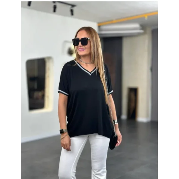 Kadın Viskon Kumaş V Yaka şerit Detaylı Tişört
