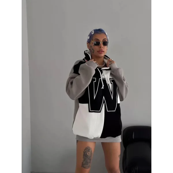 Kadın W Nakış İşlemeli Kapüşonlu Sweatshirt - Siyah