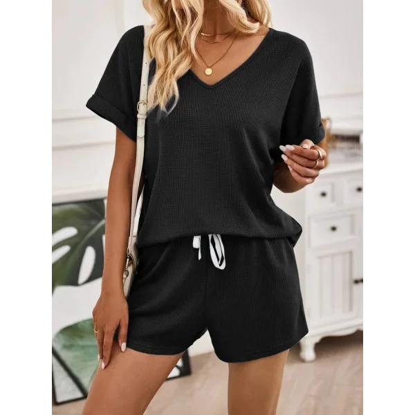 Kadın Waffle şort Tshirt Ikili Takım
