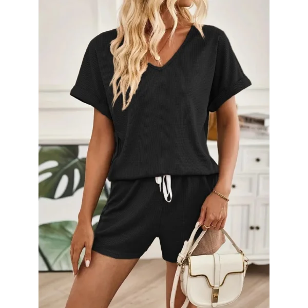 Kadın Waffle şort Tshirt Ikili Takım