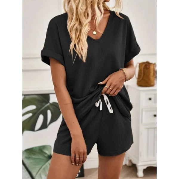 Kadın Waffle şort Tshirt Ikili Takım