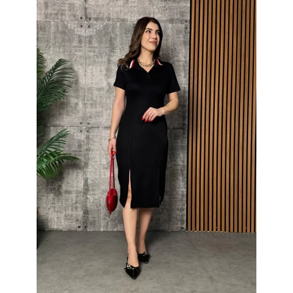 Kadın Yaka Ribanalı Çift Yırtmaçlı Elbise