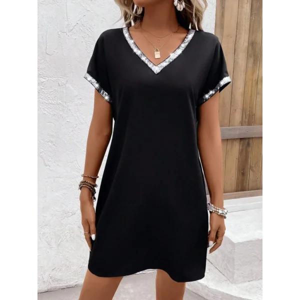 Kadın Yaka Ve Kol Pul Payet şeritli Ithal Krep Elbise