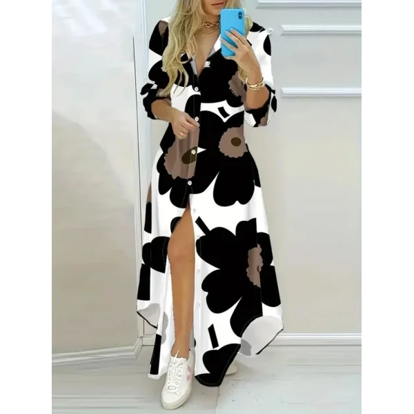 Kadın Yakalı önden Düğmeli çiçek Desenli Uzun Süprem Elbise