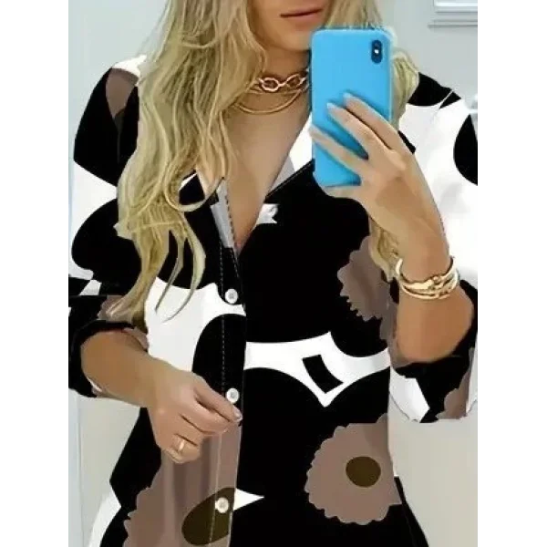 Kadın Yakalı önden Düğmeli çiçek Desenli Uzun Süprem Elbise