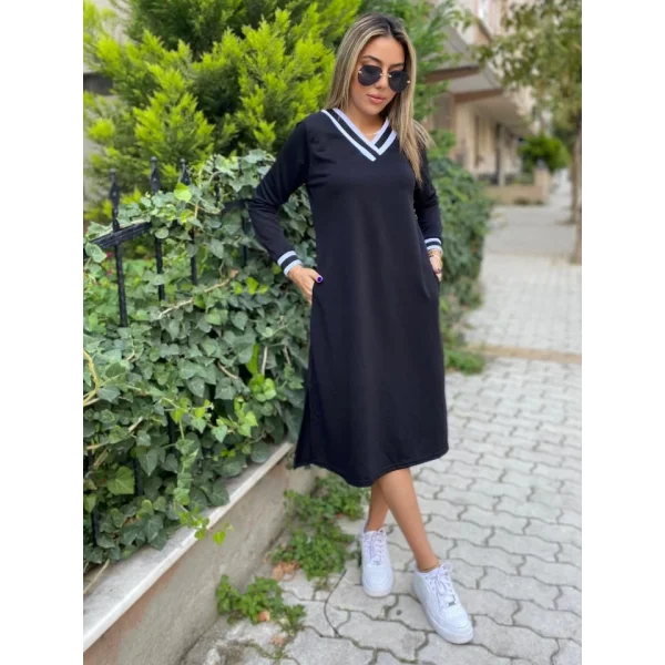 Kadın Yakası Ve Kolu Ribanalı Viskon Iki Iplik Kumaş Elbise