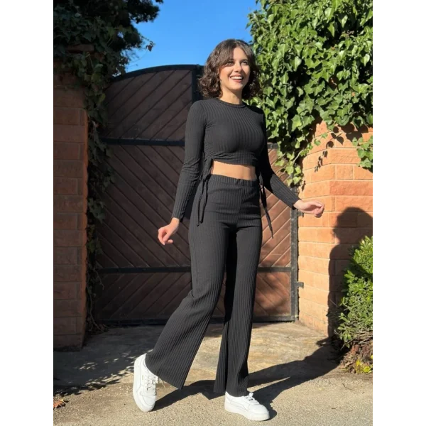 Kadın Yandan Bağlamalı Geniş Paçalı Fitil Kaşkorse İkili Takım