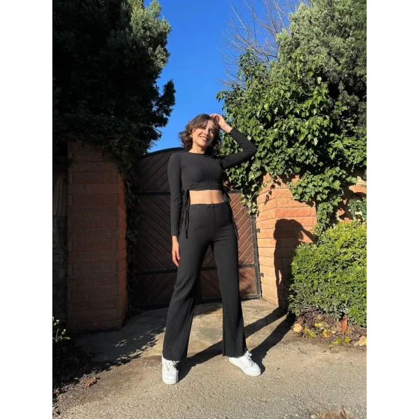 Kadın Yandan Bağlamalı Geniş Paçalı Fitil Kaşkorse İkili Takım