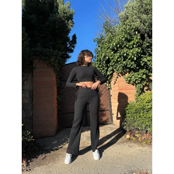 Kadın Yandan Bağlamalı Geniş Paçalı Fitil Kaşkorse İkili Takım